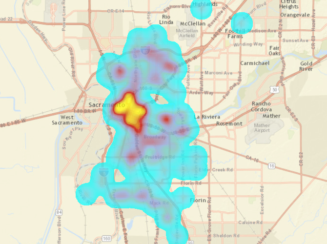 bicyclist collisions, City of Sacramento, killed or severe injury, heat map