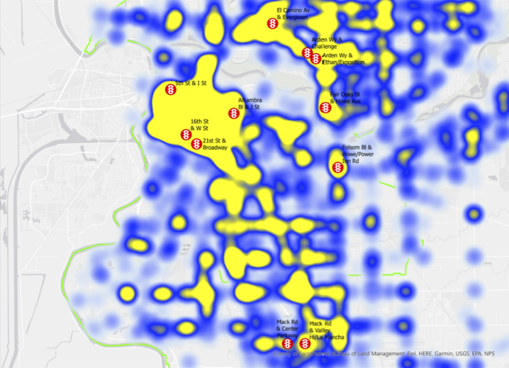 SacCity red light camera locations and intersection crash heat map